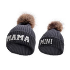Kunyeah 3Pcs Parent-Child Beanie Hat Mama Papa Baby Matching Hats Winter Warm Cap with Pom-Pom Women Men Knitted Hat | Embroidered Cap