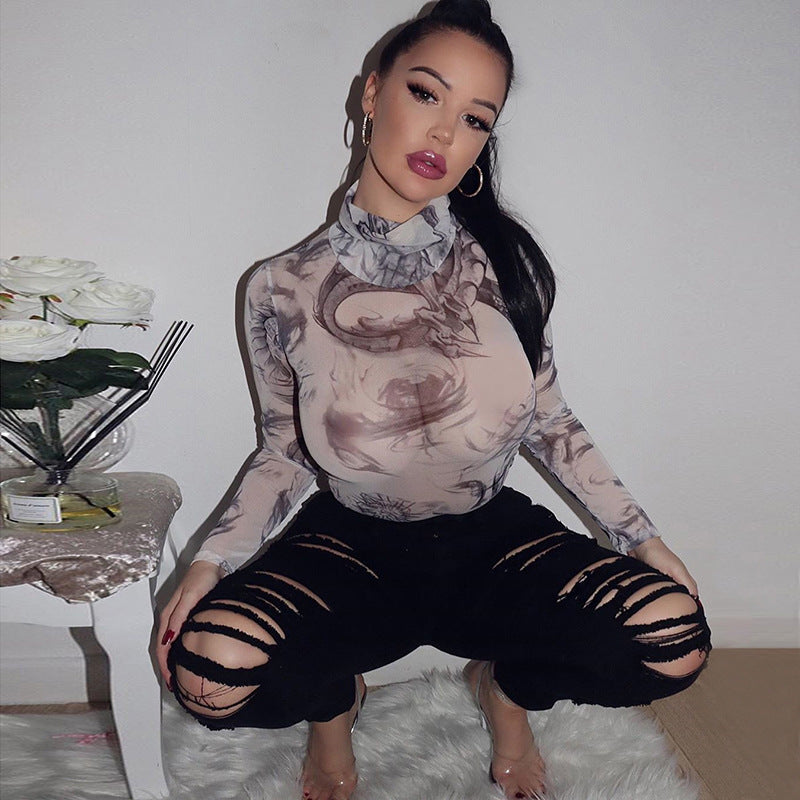 2020 Summer Women's Fashion Print Long Sleeve Bodysuit