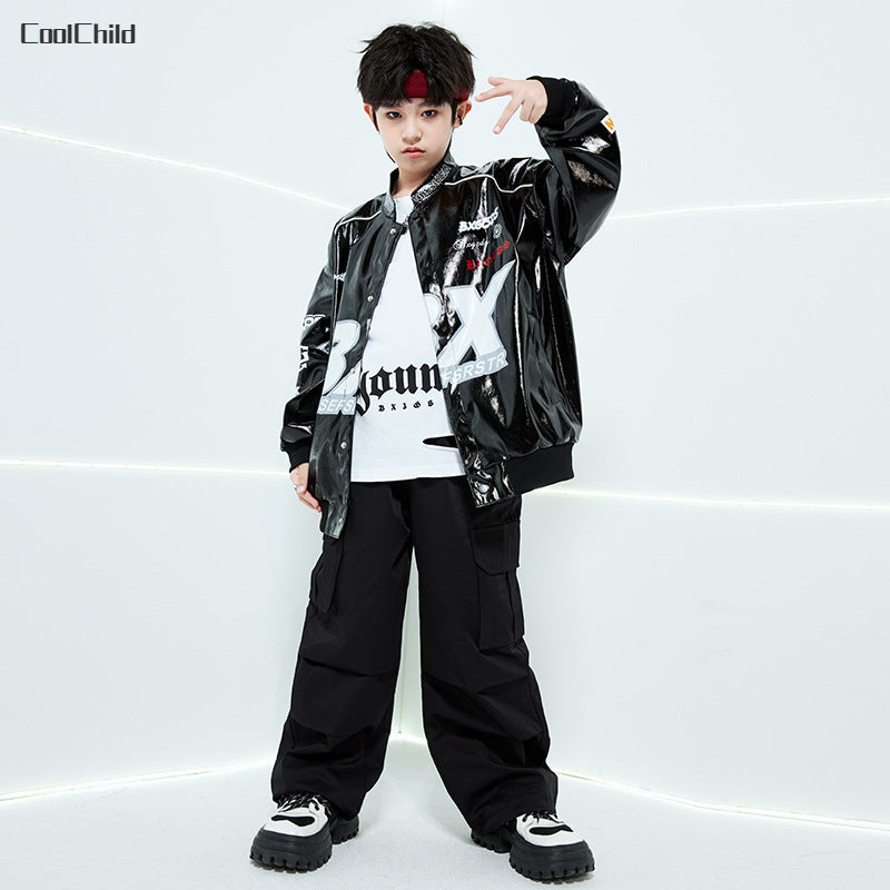 Boys Hip Hop Leather Jacket & Cargo Pants Set