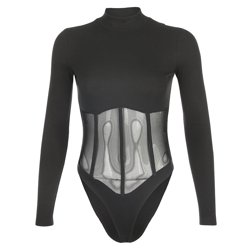 2019 Women's High Neck Sheer Bodysuit with Panels