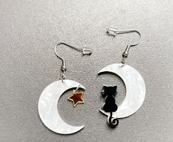 Cat and Moon Star Earrings
