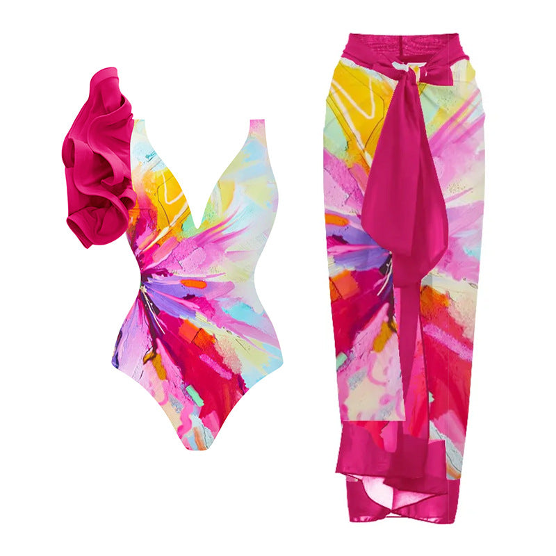 2023 Women's Ruffle Trim Dragonfly Print Swimsuit Set
