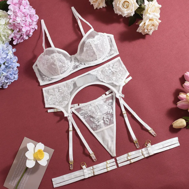 Flower Embroidered Mesh Bra & Pendant Lingerie Set – White (S–XL)