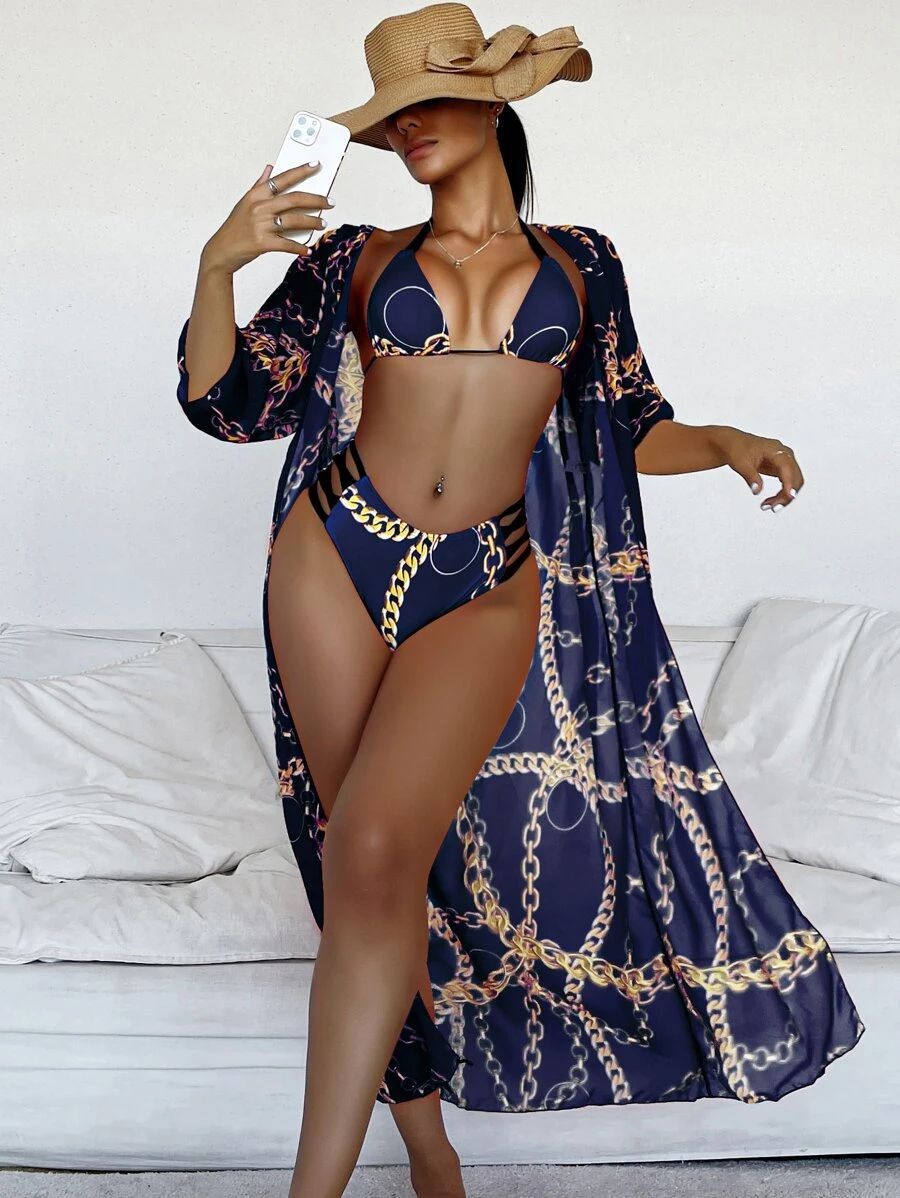 Chain Print Triangle Bikini 3-Piece Set (Amazon Best Seller)