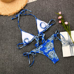 Sexy Three-Ring Strappy Printed Bikini Set