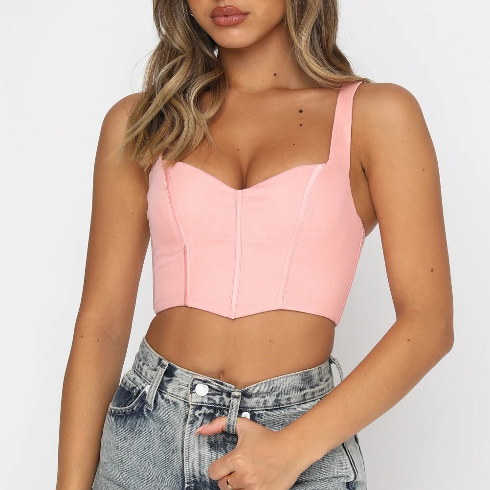 Mesh Fishbone Square Neck Cropped Corset Top