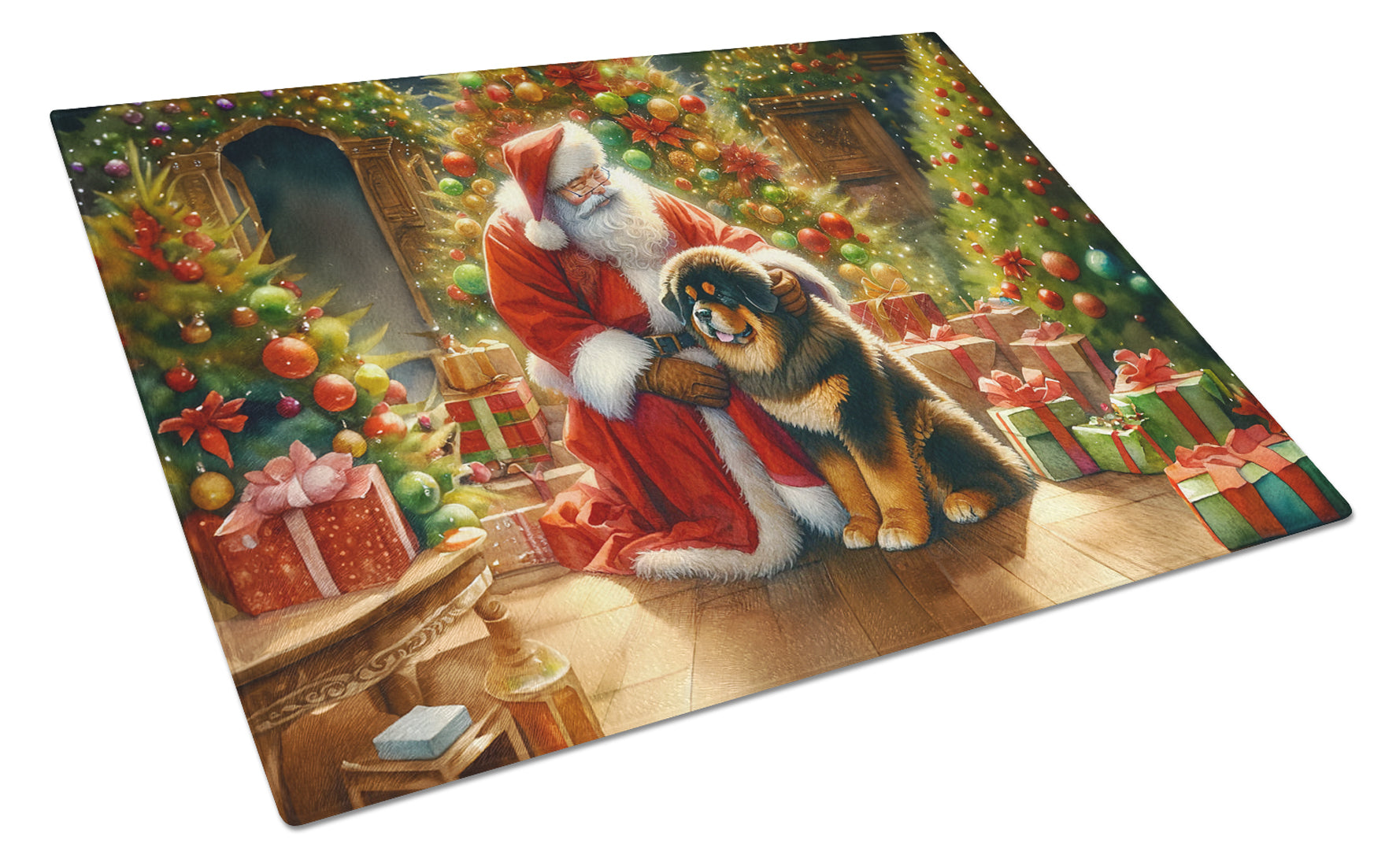 Tibetan Mastiff and Santa Claus Glass Cutting Board