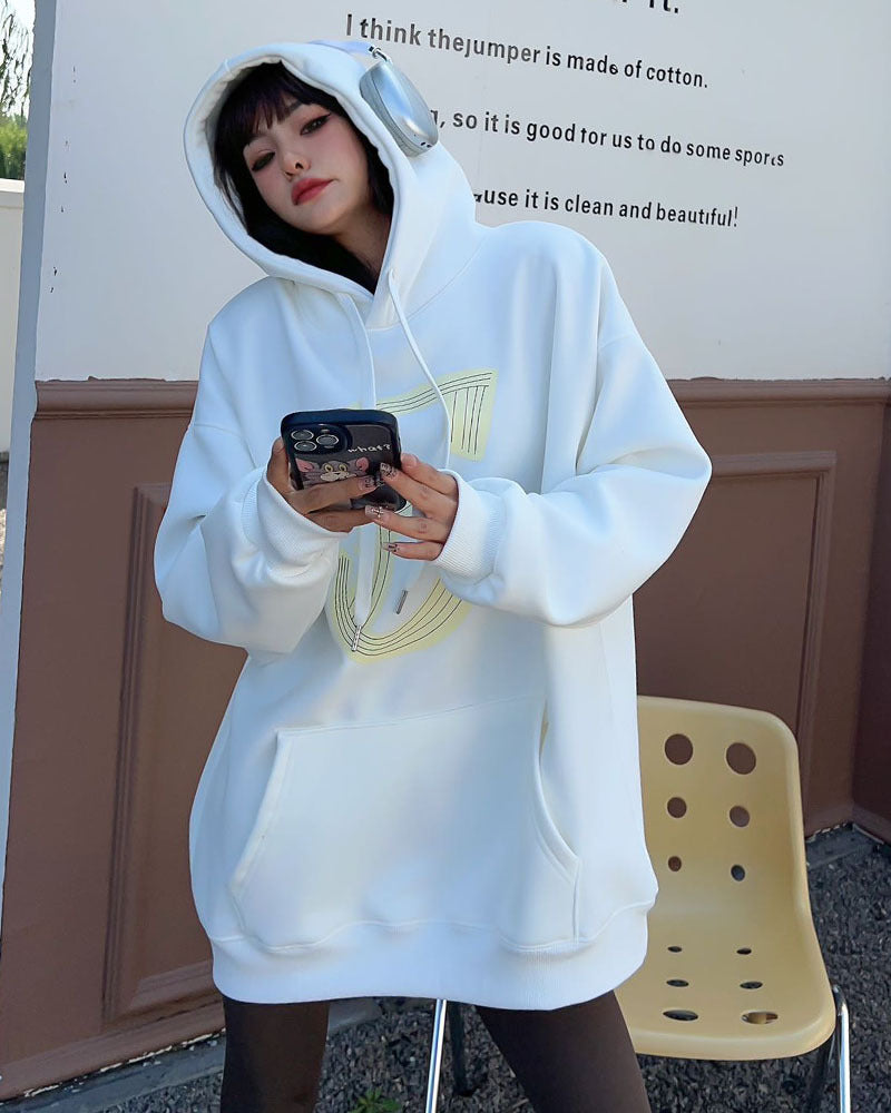 Mid-Length Velvet Hooded Sweatshirt with Padding | Streetwear