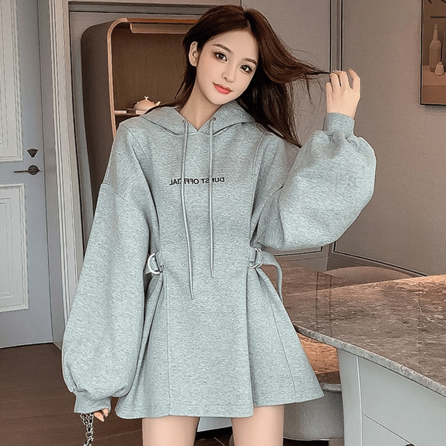 Women's Velvet Puff Sleeve Hooded Sweatshirt with Belt | Streetwear
