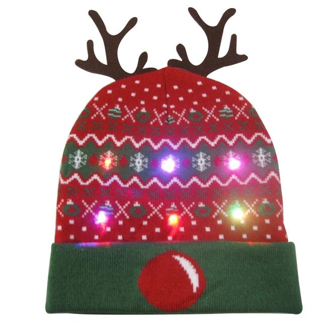 LED Santa and Reindeer Knit Hat with Lights | Embroidered Cap