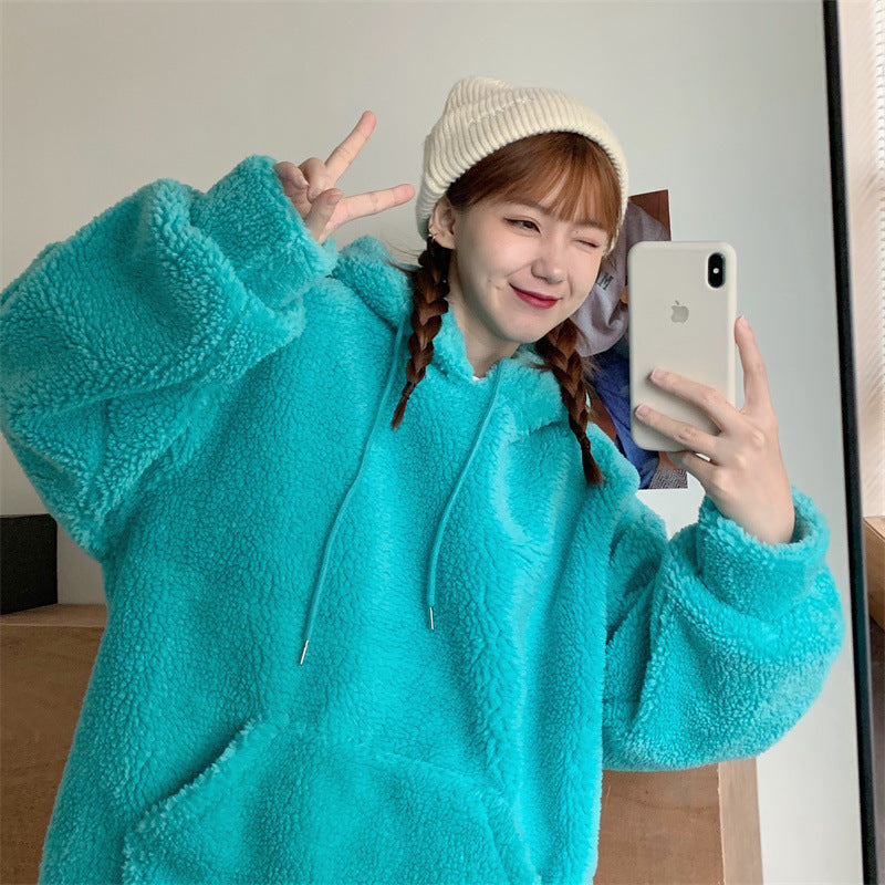Plus Size Thick Lambskin Hooded Sweater for Women