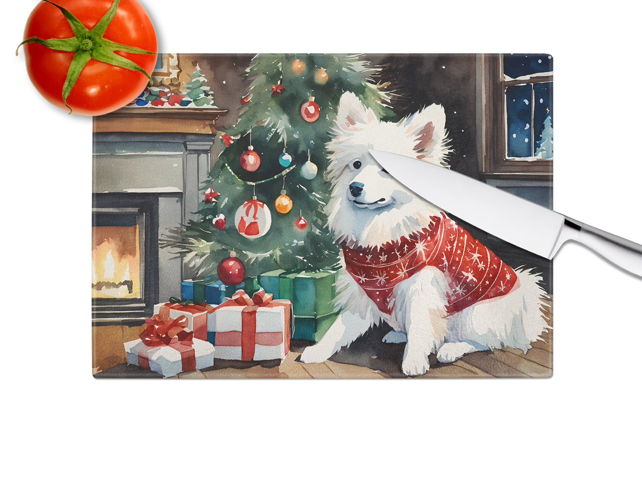 American Eskimo Cozy Christmas Glass Cutting Board