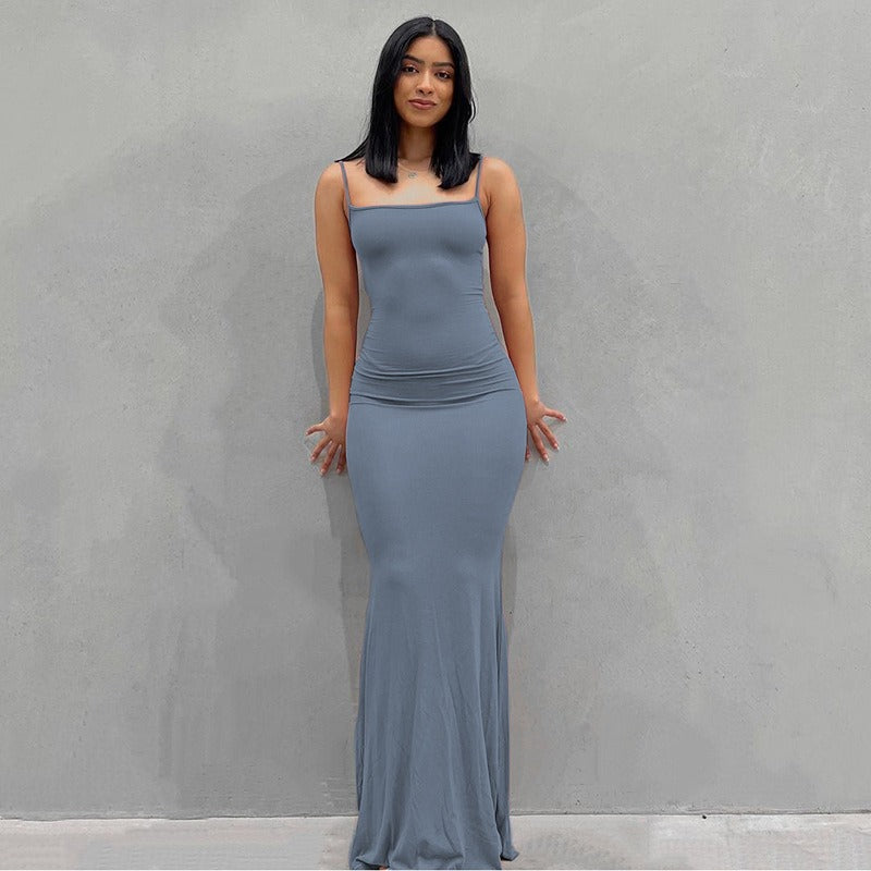 Solid Color Sleeveless Sling Long Dress