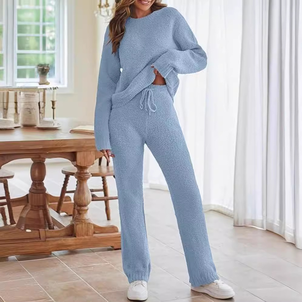 Solid Color Women's Round Neck Long Sleeve Trousers Warm Fleece Suit