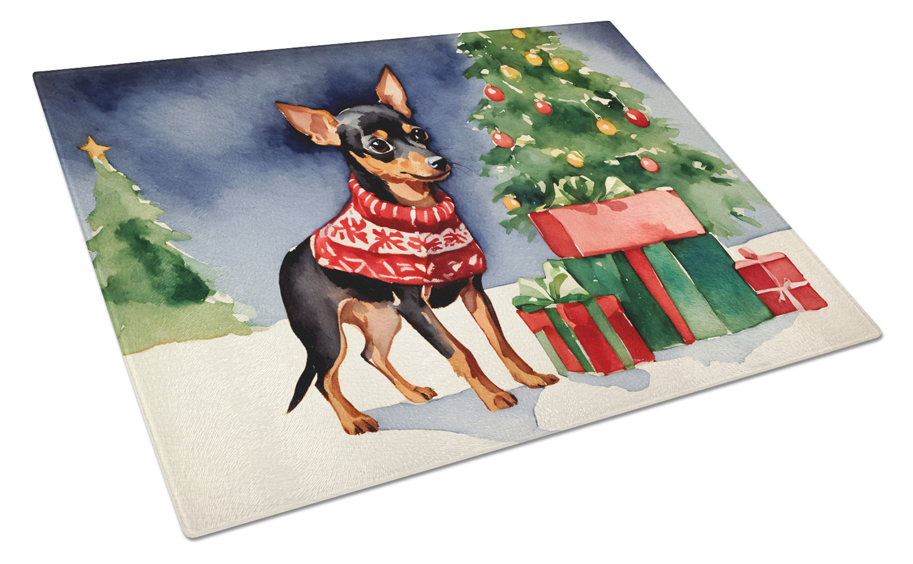 Miniature Pinscher Cozy Christmas Glass Cutting Board