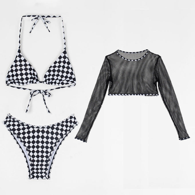 Black and White Checkered Bikini with Cover-Up Set