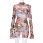 Round Collar Sheer Printed Long Sleeve Dress