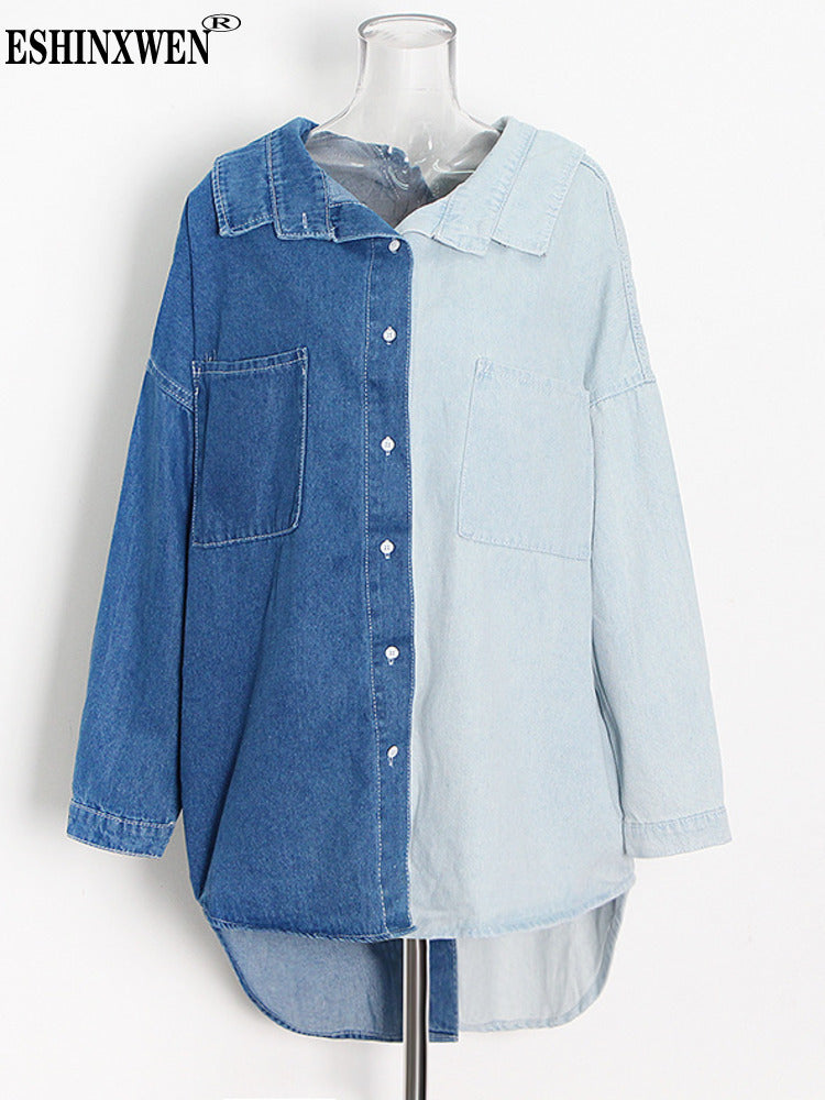 2024 Women's Color Block Denim Shirt Jacket (Plus Size)