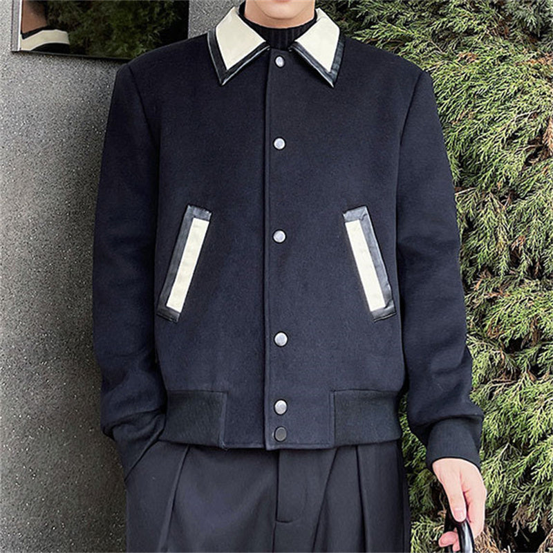 Men's Wool Jacket with Contrast Leather Lapel