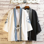 Men's Chinese Crane Embroidered Cardigan with 3/4 Sleeves