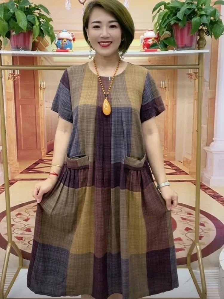 Plus Size Cotton-Linen Summer Dress for Seniors
