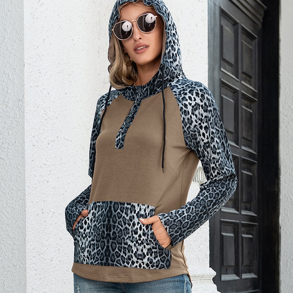 Leopard Print Contrast Color Hooded Sweater Top for Women