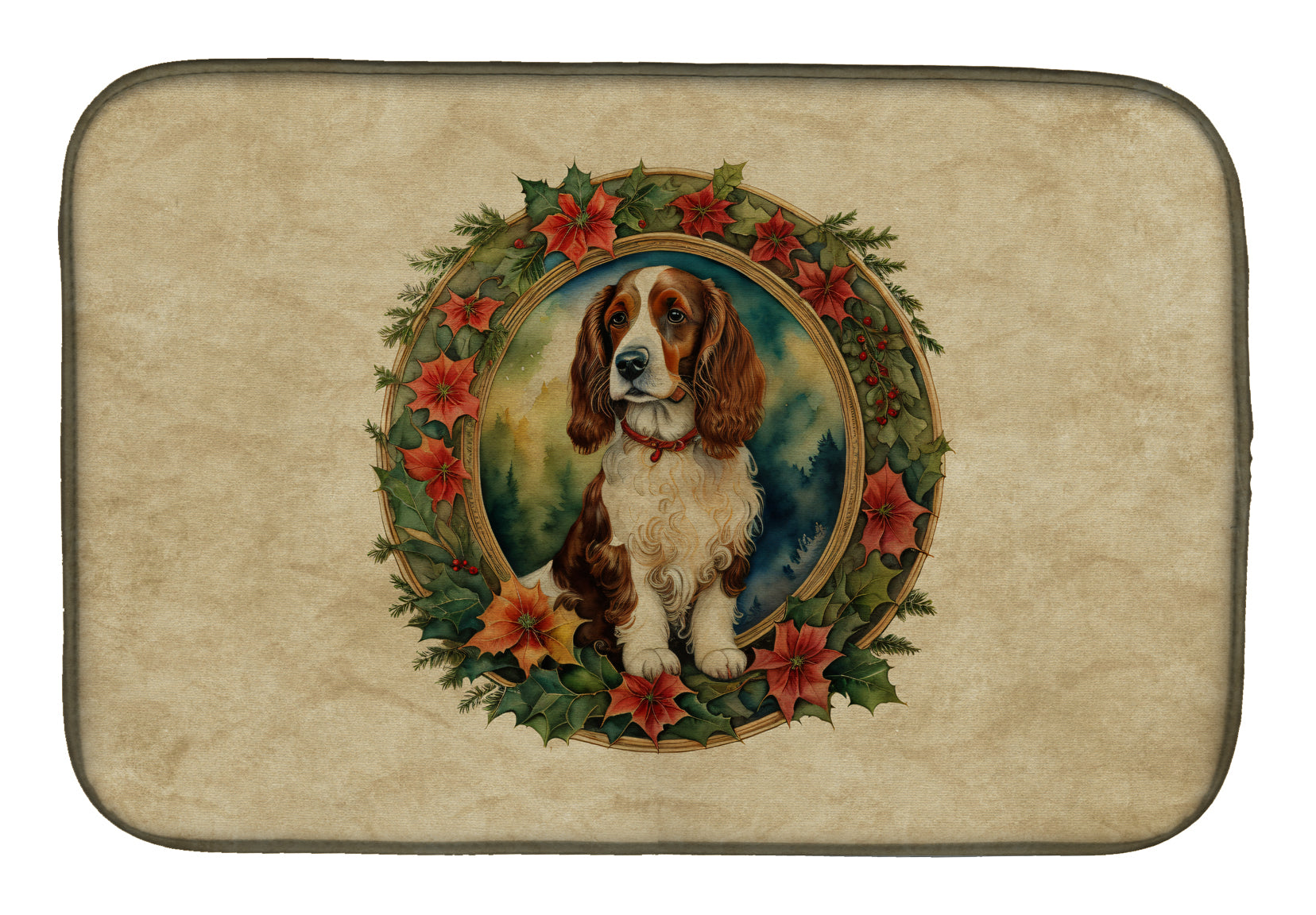Welsh Springer Spaniel Christmas Flowers Dish Drying Mat