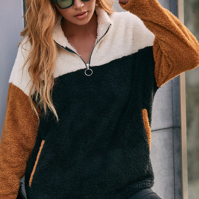 Double-Sided Plush Pocket Sweatshirt with Contrast Panel