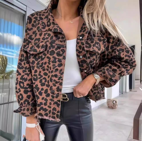 Women's Denim Jacket for Winter - Casual Leopard Print