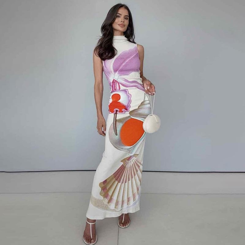 Printed Half Turtleneck Slim Fit Sleeveless Dress
