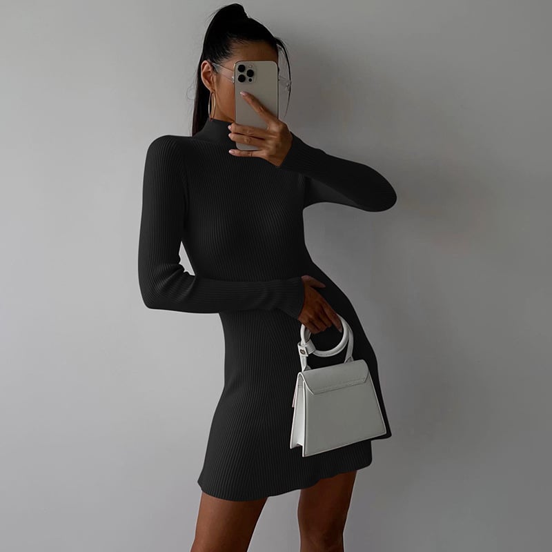Solid Color Wool Turtleneck Dress for Autumn