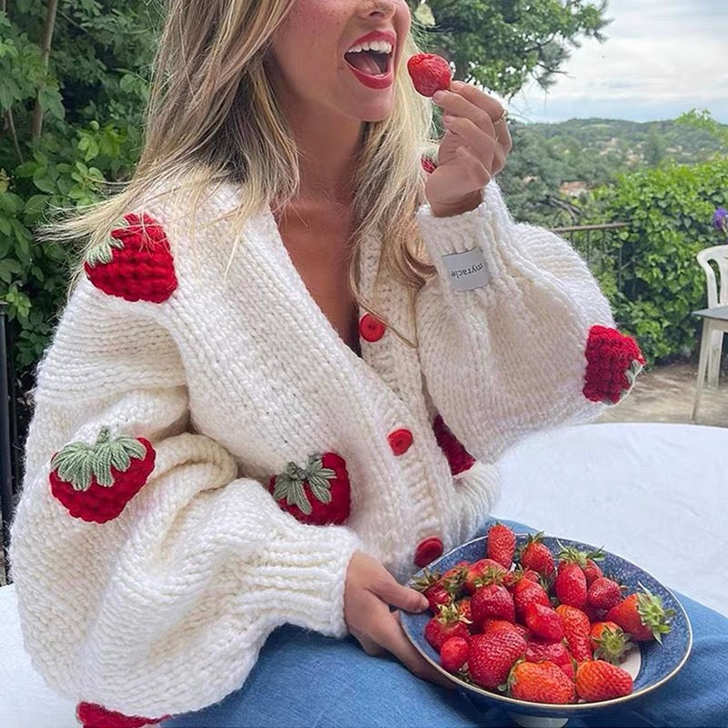 Handmade Strawberry Knitted Cardigan for Women