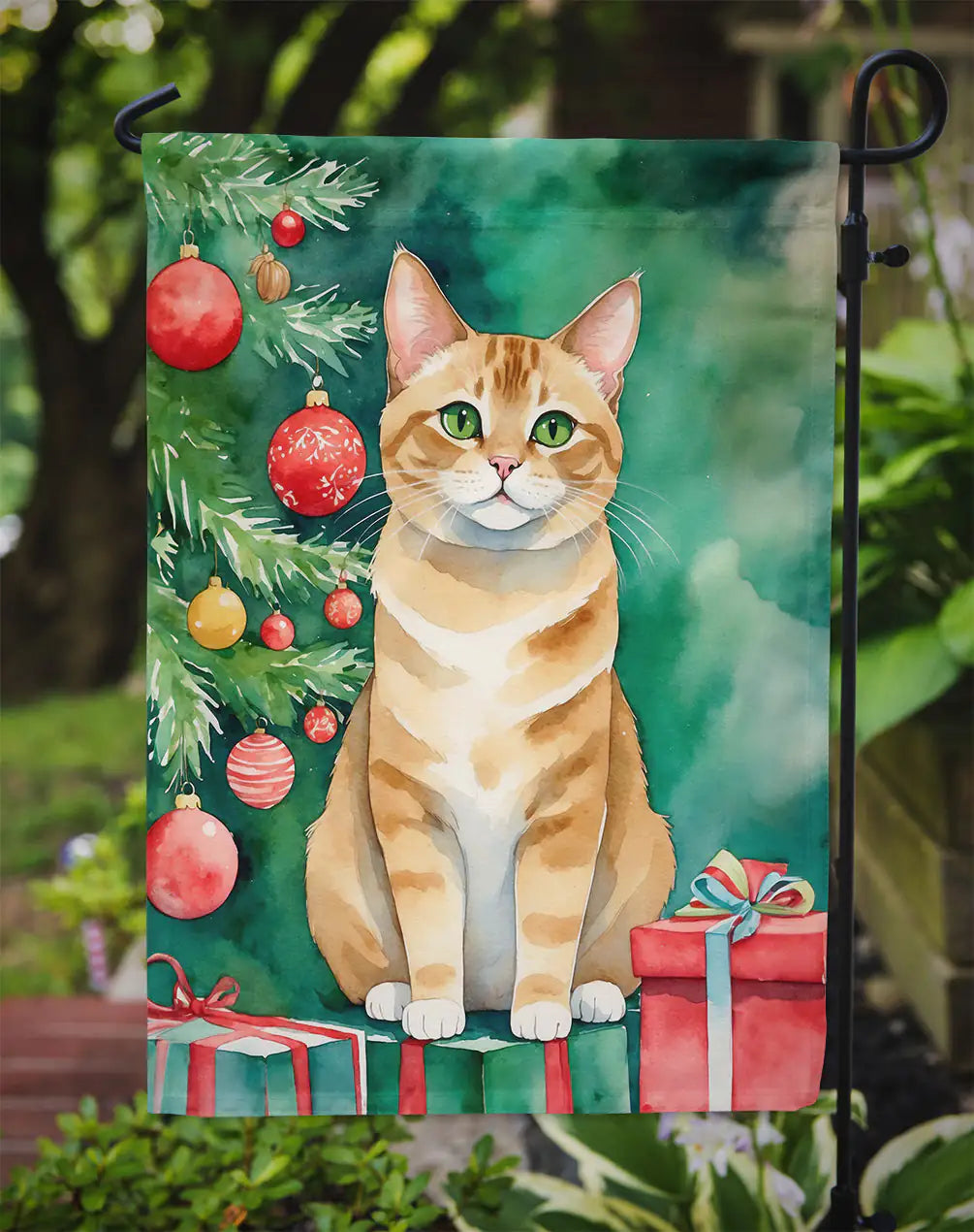 Malayan Cat By the Christmas Tree Garden Flag