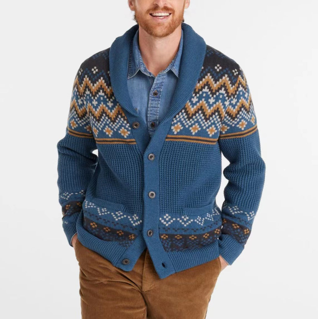 Men's Long Sleeve Jacquard Sweater Coat with Lapel