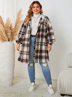 Plus-sized Plaid Hooded Mid-length Coat for Women