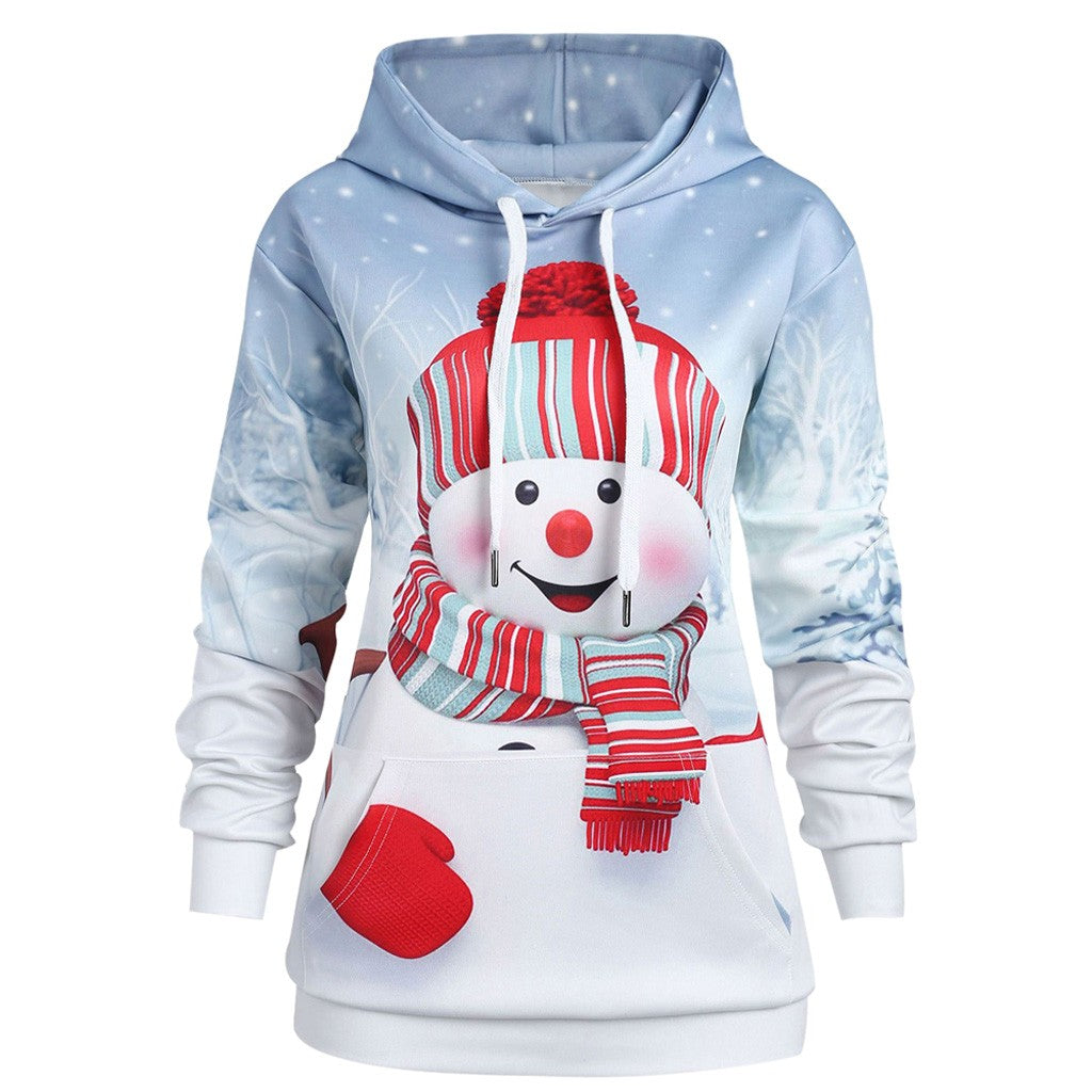 Christmas Snowman Print Hoodie with Kangaroo Pockets | Streetwear