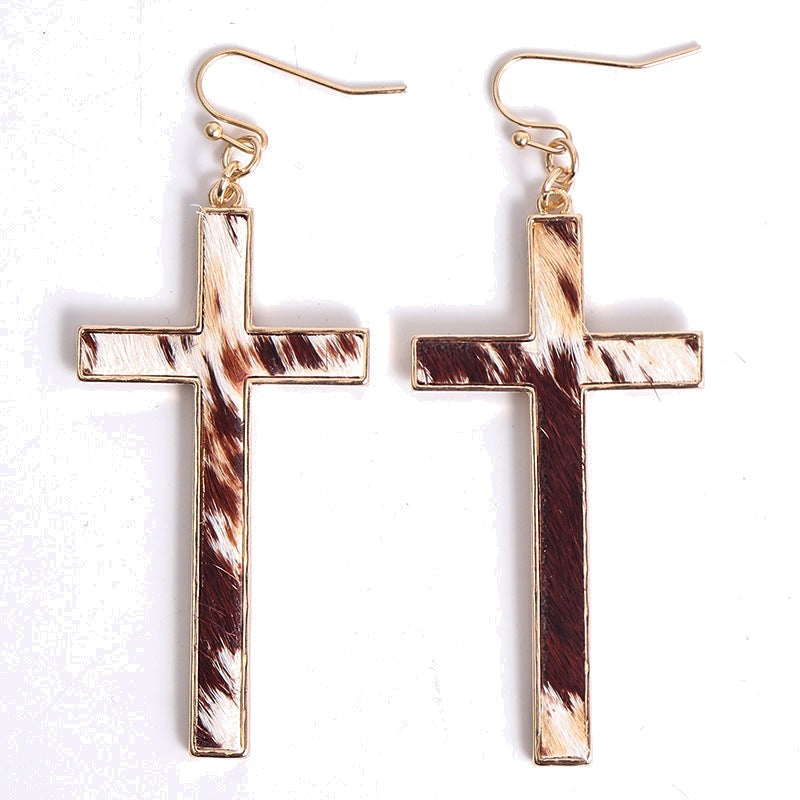 Leopard Print Cross Drop Earrings