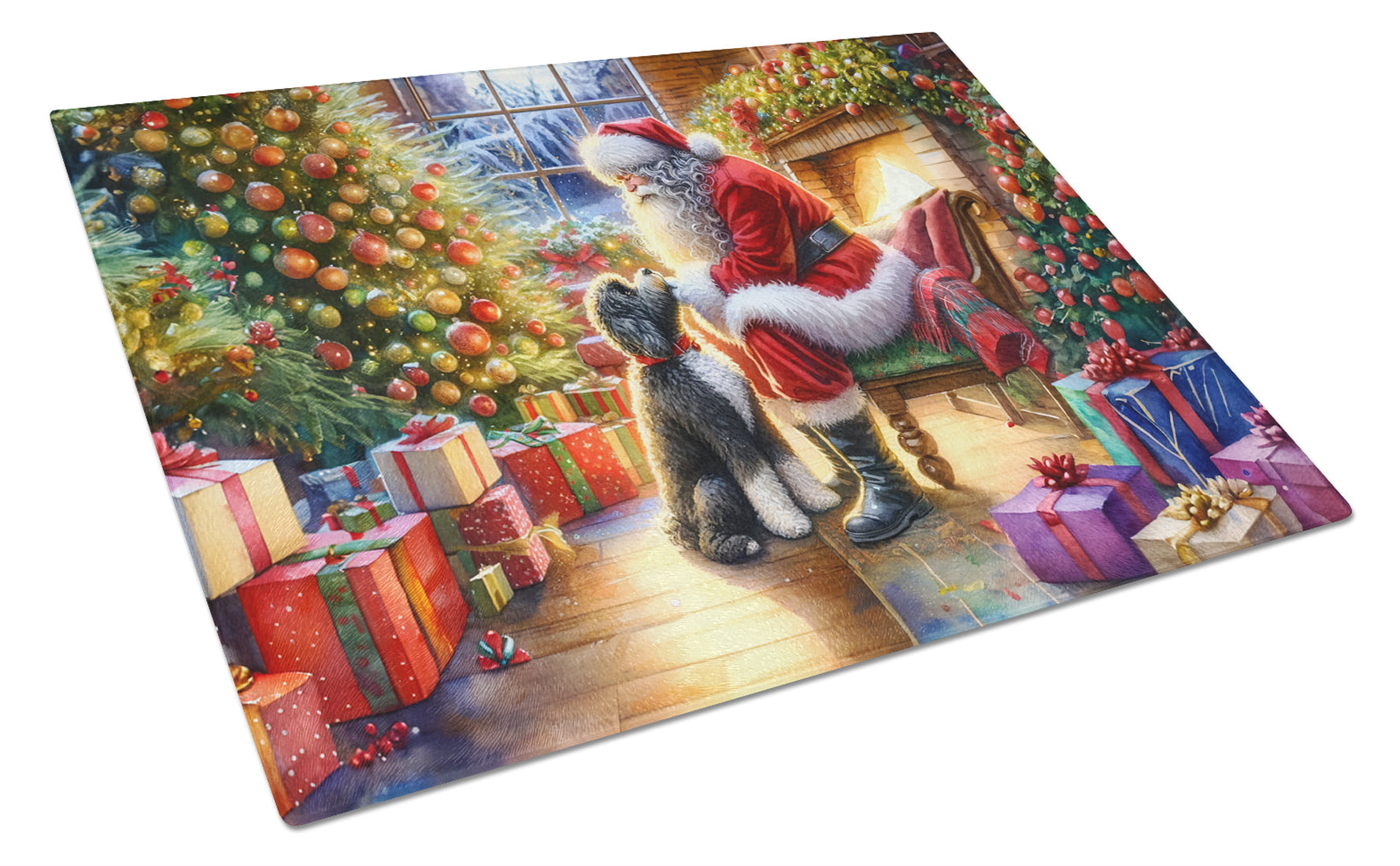 Portuguese Water Dog and Santa Claus Glass Cutting Board