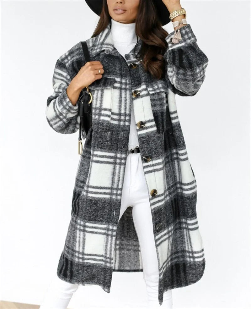 Women's Long Check Tweed Cardigan with Pockets