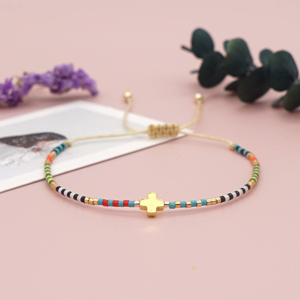 Handmade Rainbow Beaded Cross Stacked Bracelet