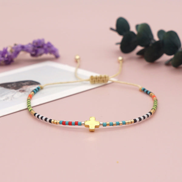 Handmade Rainbow Beaded Cross Stacked Bracelet