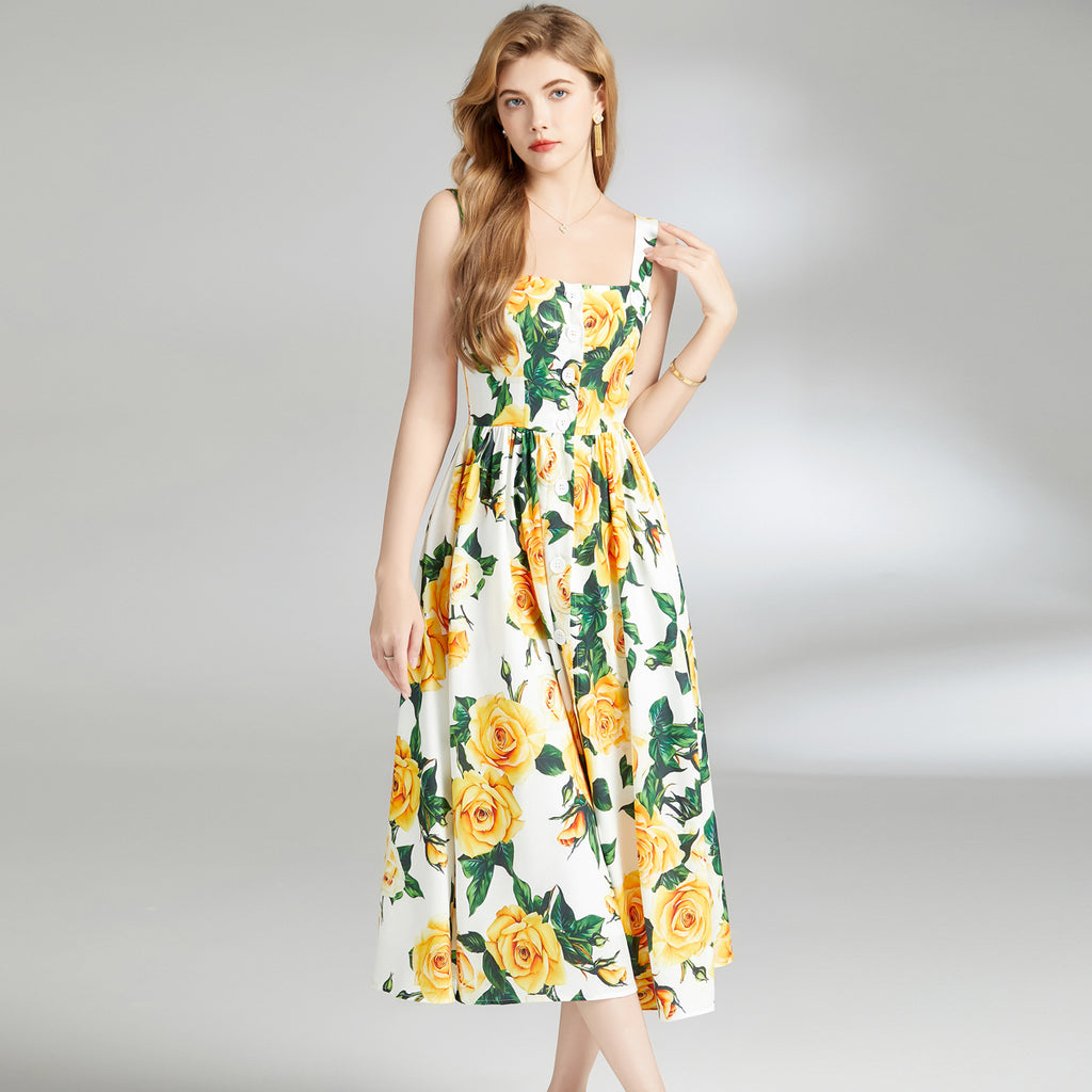 Summer Floral Print Spaghetti Strap Backless Dress
