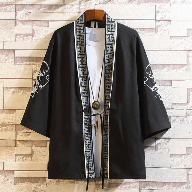 Men's Chinese Crane Embroidered Cardigan with 3/4 Sleeves
