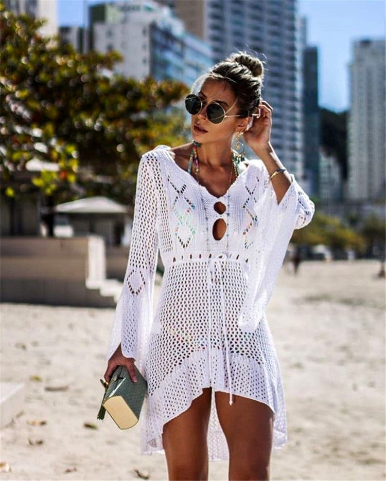 Hollow Knit Bell Sleeve Beach Cover-Up for Swimwear