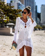 Hollow Knit Bell Sleeve Beach Cover-Up for Swimwear