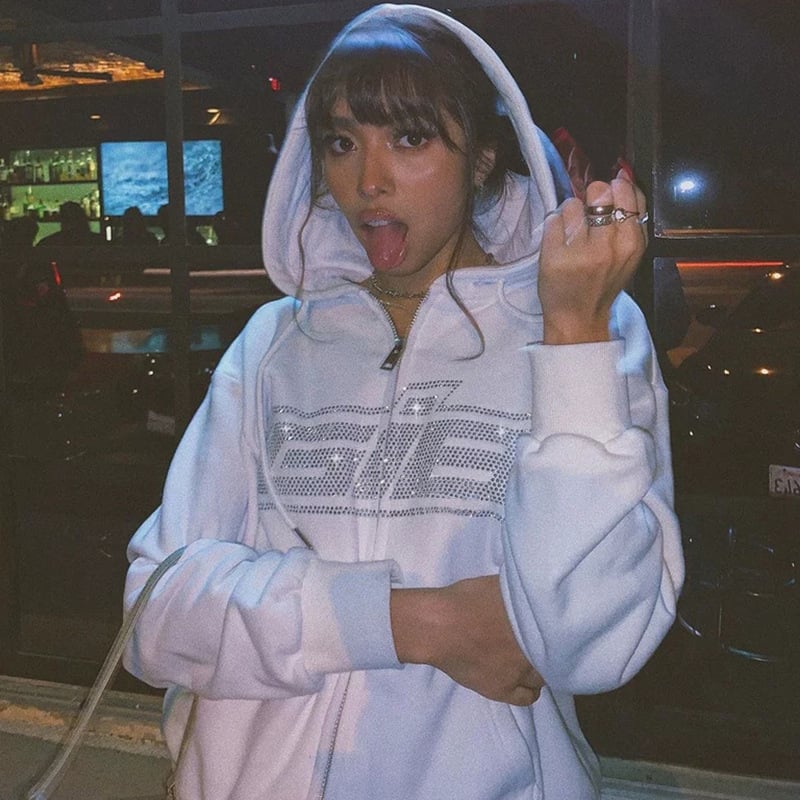 Loose Fit Hoodie with Rhinestone Zipper Detail | Streetwear