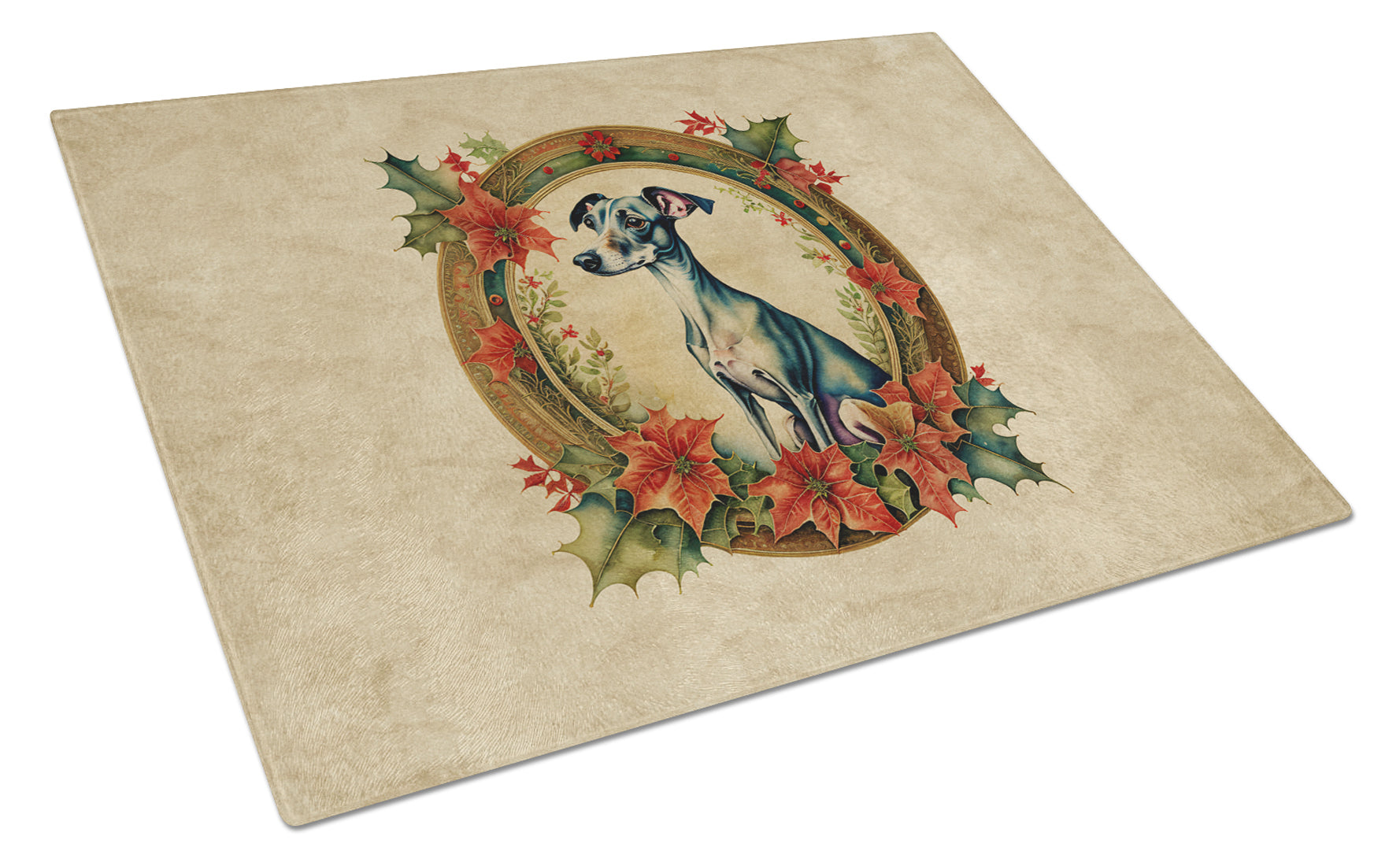 Italian Greyhound Christmas Flowers Glass Cutting Board