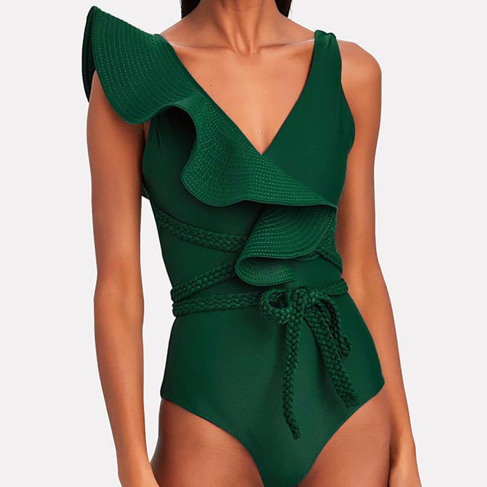 Solid Color Ruffled Belted One-Piece Swimsuit 2024