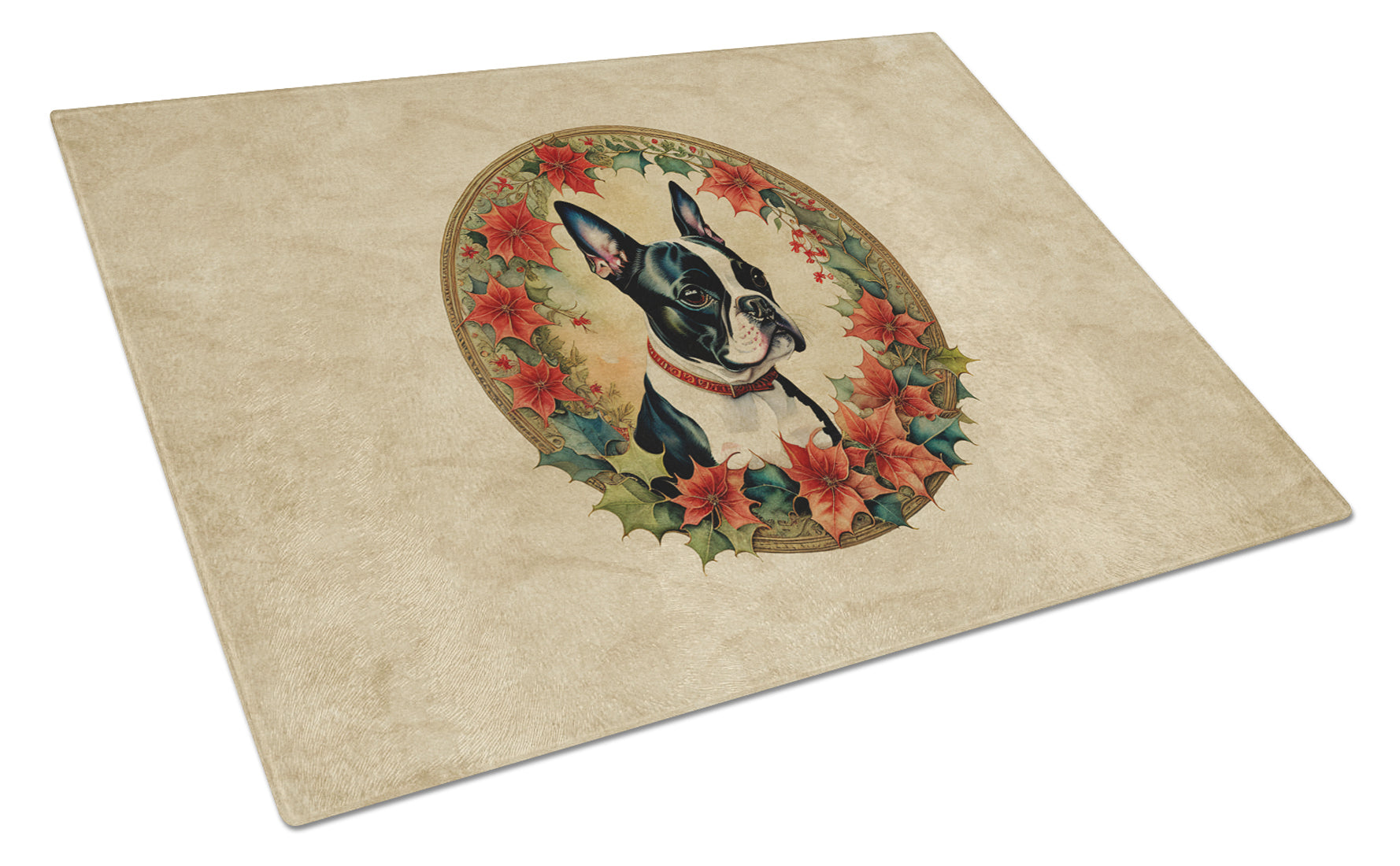 Boston Terrier Christmas Flowers Glass Cutting Board