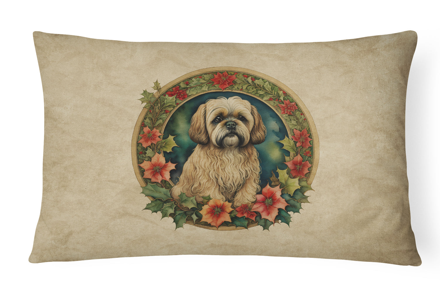 Lhasa Apso Christmas Flowers Throw Pillow